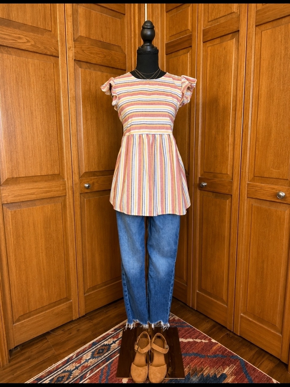 Striped Ruffle Sleeve Peplum Top in Peach & Cream